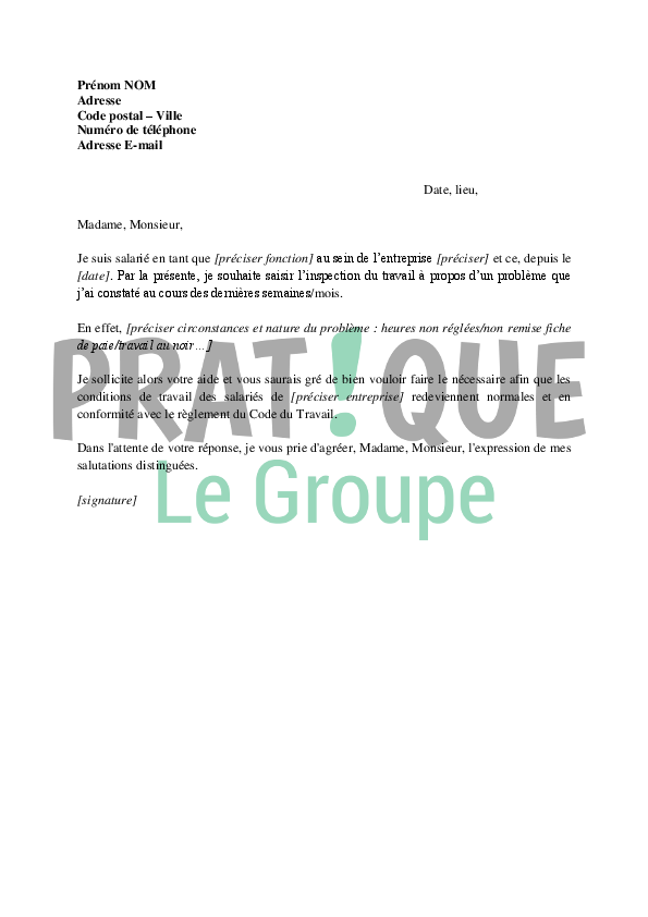 Lettre à l'inspection du travail Pratique.fr