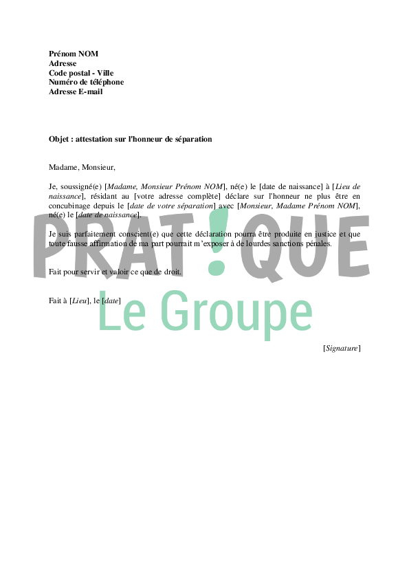 Lettre d'attestation sur l'honneur de séparation Pratique.fr