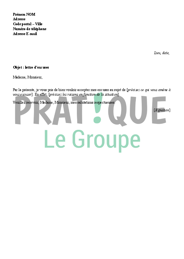 Lettre d'excuses type  Pratique.fr