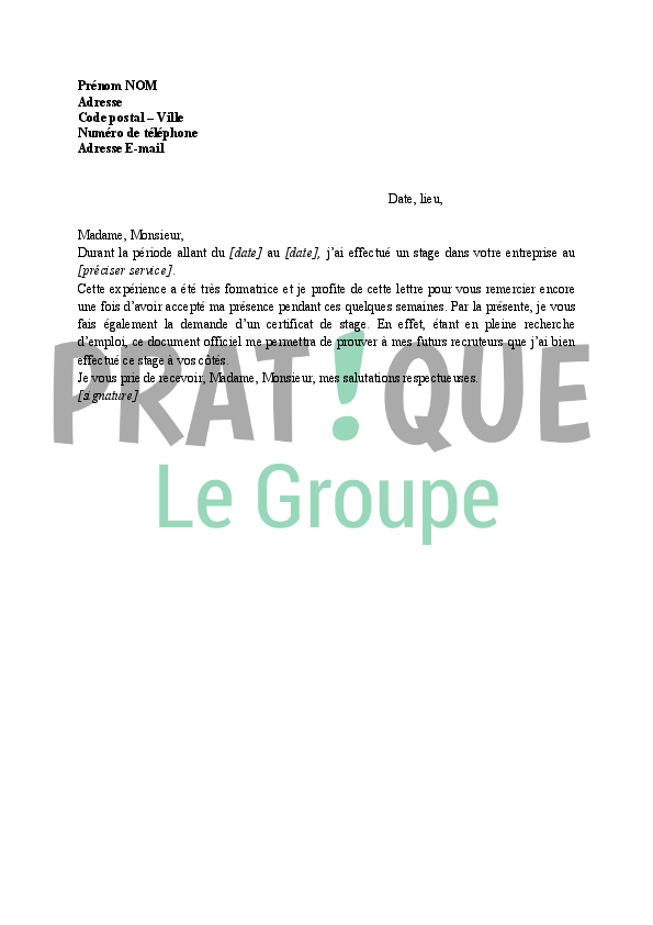 Lettre de demande d'un certificat de stage | Pratique.fr
