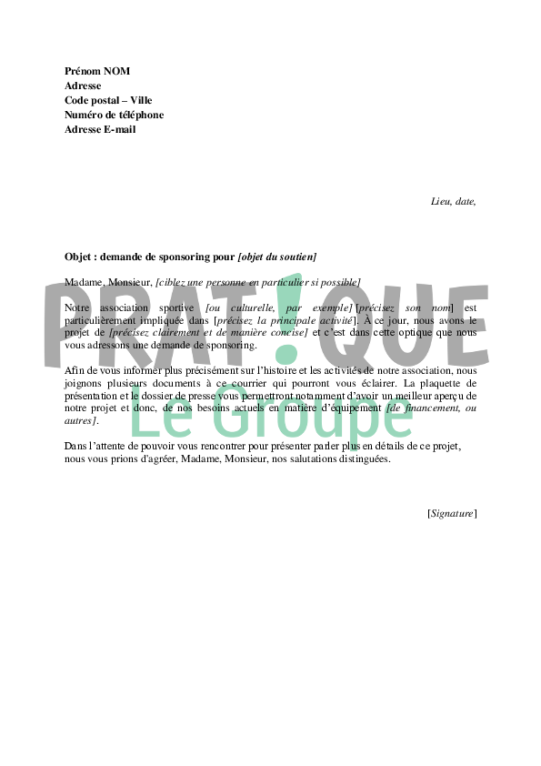 Lettre de demande de sponsoring  Pratique.fr