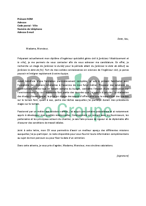 cover letter example  exemple de lettre de motivation pour un stage g u00e9nie civil