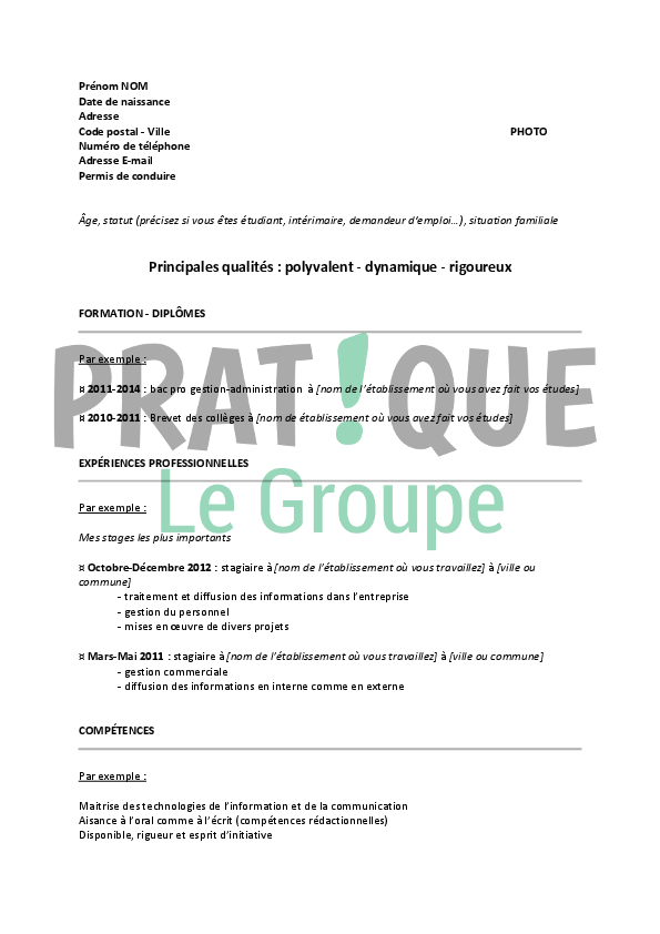 exemple cv stage bac pro