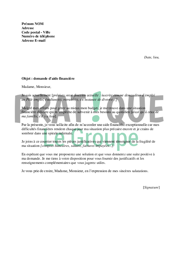 Modèle de lettre de demande d'aide financière Pratique.fr