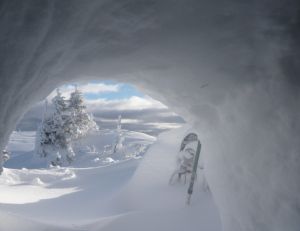 Vue depuis l'intérieur d'un abri de neige