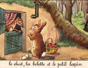 illustrant la fable de la Fontaine « Le Chat, la Belette et le petit Lapin »