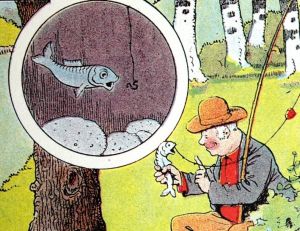 Un pêcheur et une carpe, dessin de Benjamin Rabier
