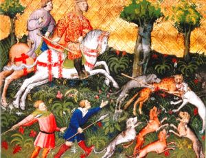 Enluminure illustrant le livre de la Chasse de Gaston de Foix : La chasse du loup-cervier
