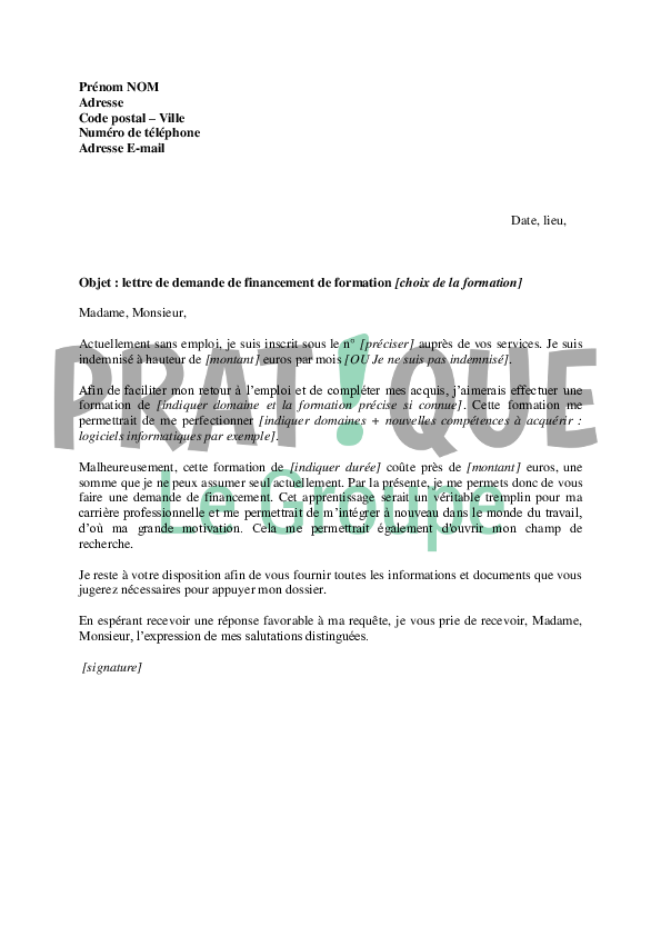 Lettre Au Pole Emploi Demande De Financement Pour Une Formation Pratique Fr