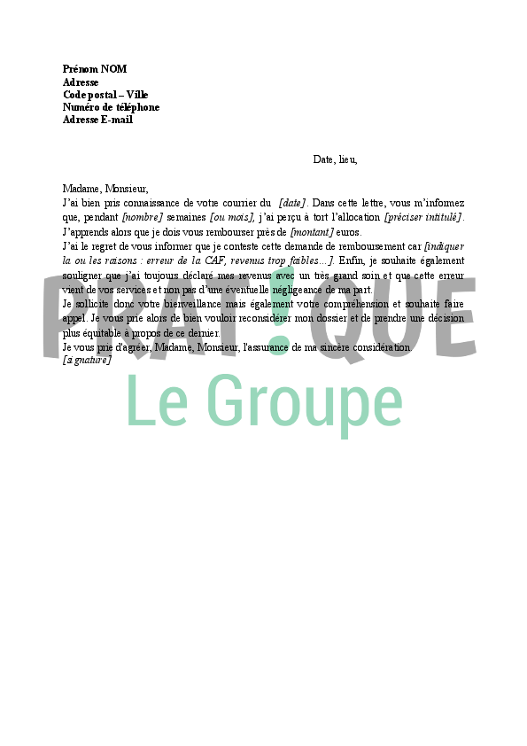 Lettre contestation d'une demande de remboursement de la CAF  Pratique.fr