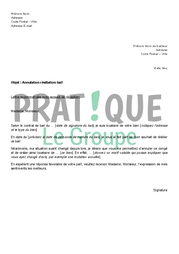 Lettre Resiliation Bail Location