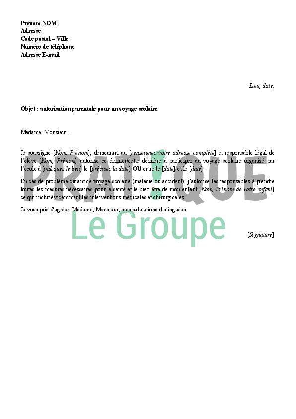 Lettre D autorisation Parentale Pour Un Voyage Scolaire Pratique fr