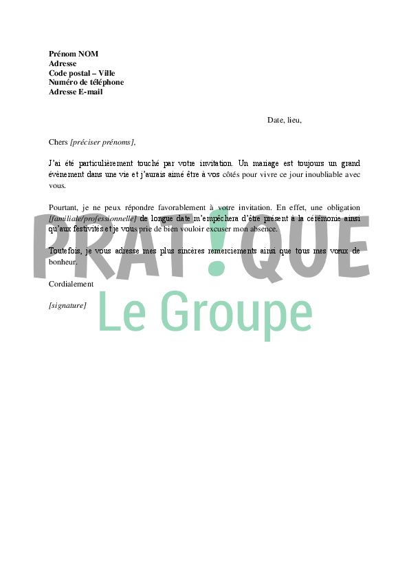 lettre excuse absence invitation