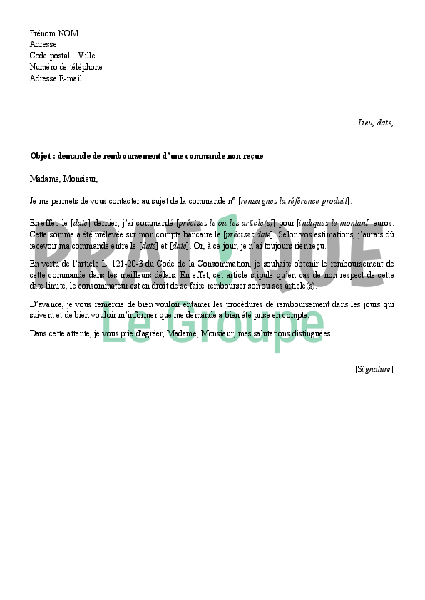 Lettre d'une demande de remboursement d'une commande non reçue