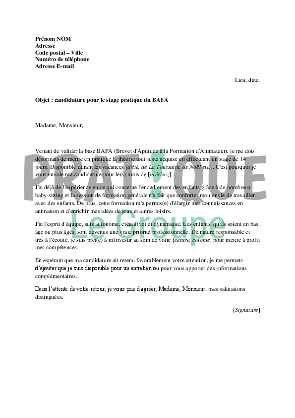 Lettre De Candidature Pour Le Stage Pratique Du Bafa Pratique Fr