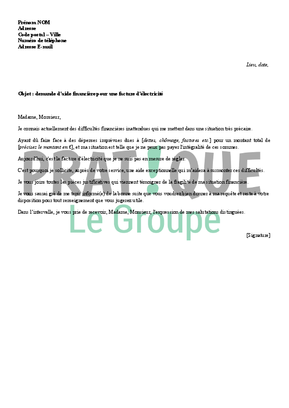 Lettre de demande d'aide financière pour une facture d 