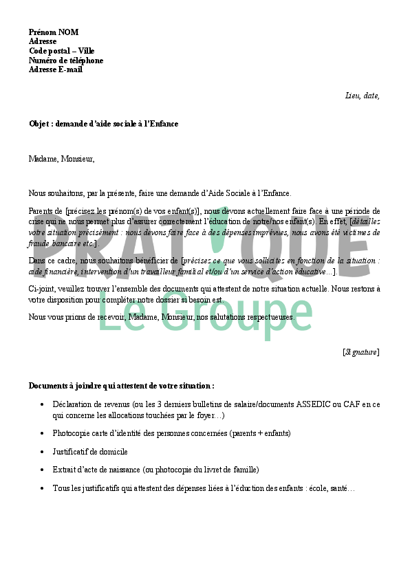 modele lettre demande aide financiere