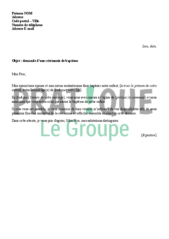 Lettre de demande d'une cérémonie de baptême  Pratique.fr