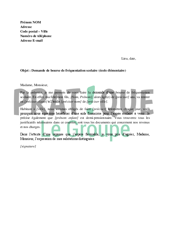 Lettre de demande de bourse de fréquentation scolaire  Pratique.fr