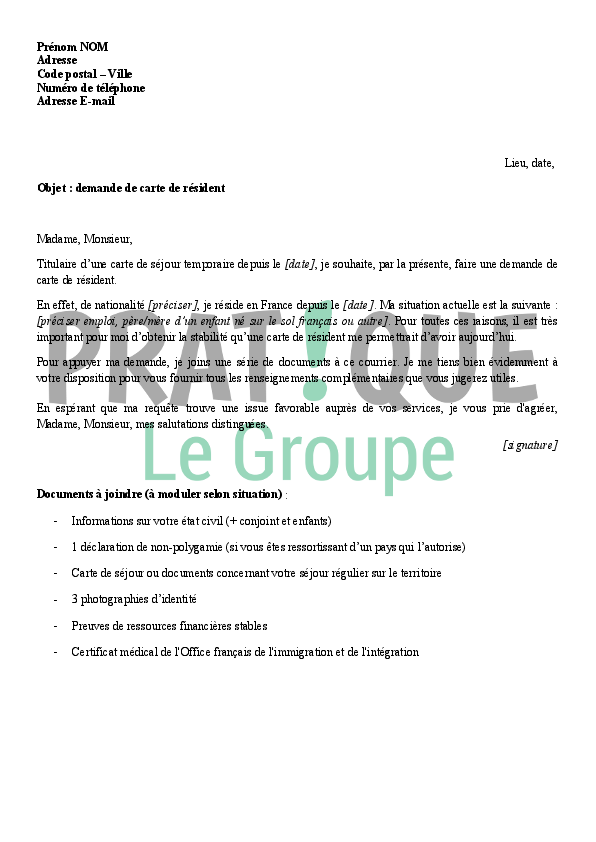 lettre demande de carte de sejour