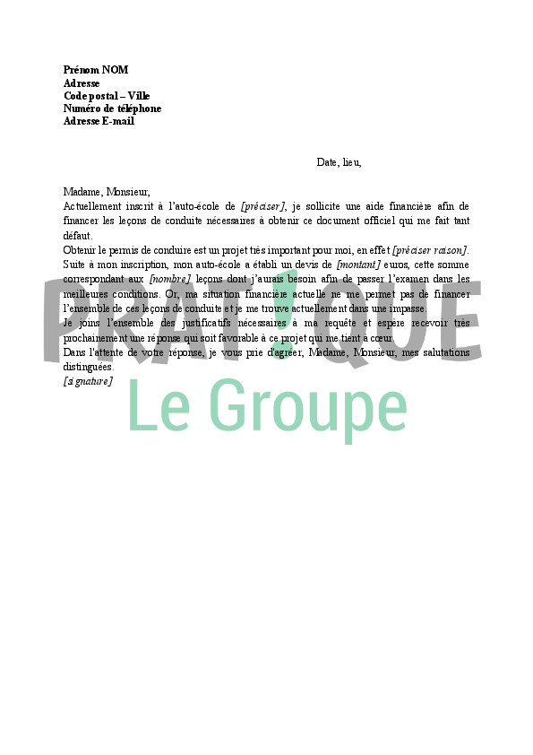 Lettre de demande de financement du permis de conduire à 