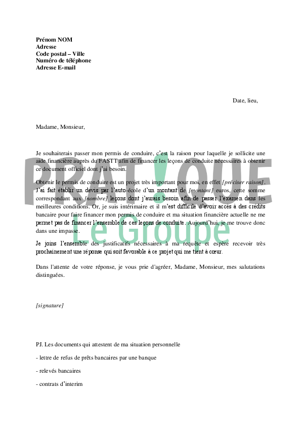 Lettre de demande de financement du permis de conduire au 