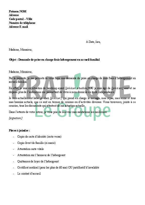 Lettre de demande de prise en charge des frais d'hébergement en accueil