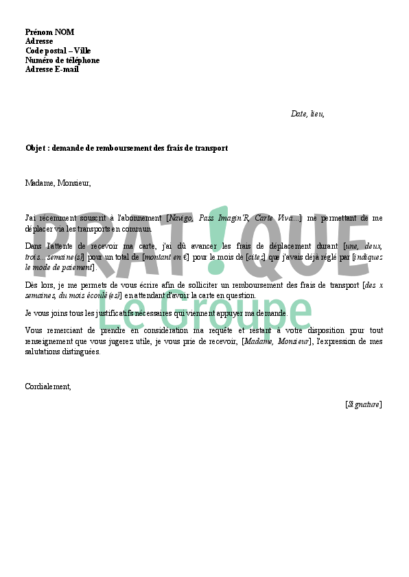 Lettre de demande de remboursement des frais de transport 