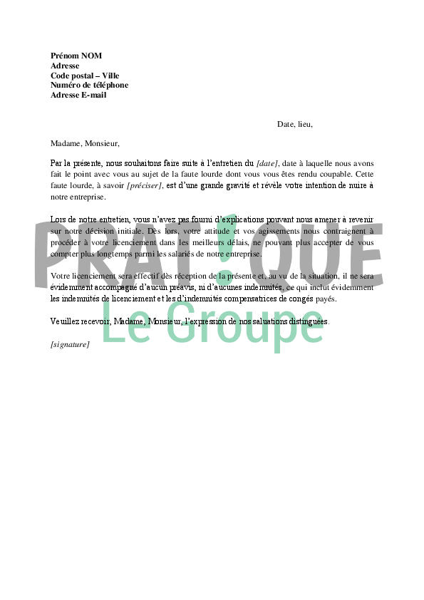 Lettre de licenciement d'un salarié pour faute lourde | Pratique.fr