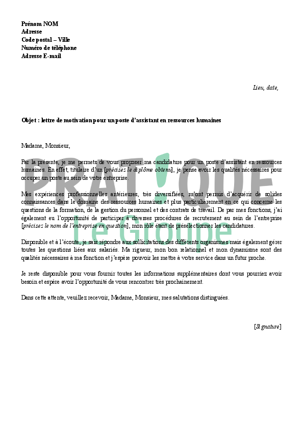 Lettre de motivation pour devenir assistant en ressources humaines