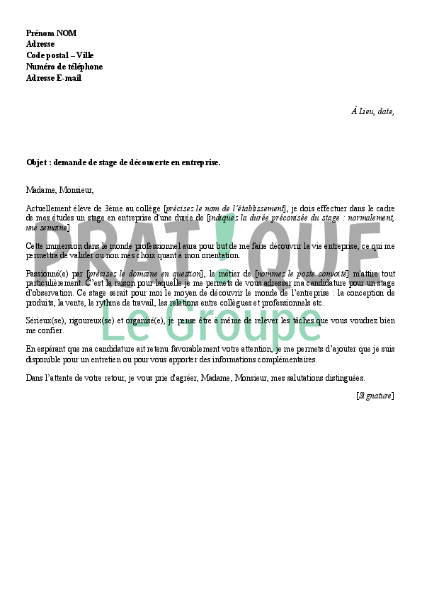 Lettre de motivation pour le stage en entreprise (collège 