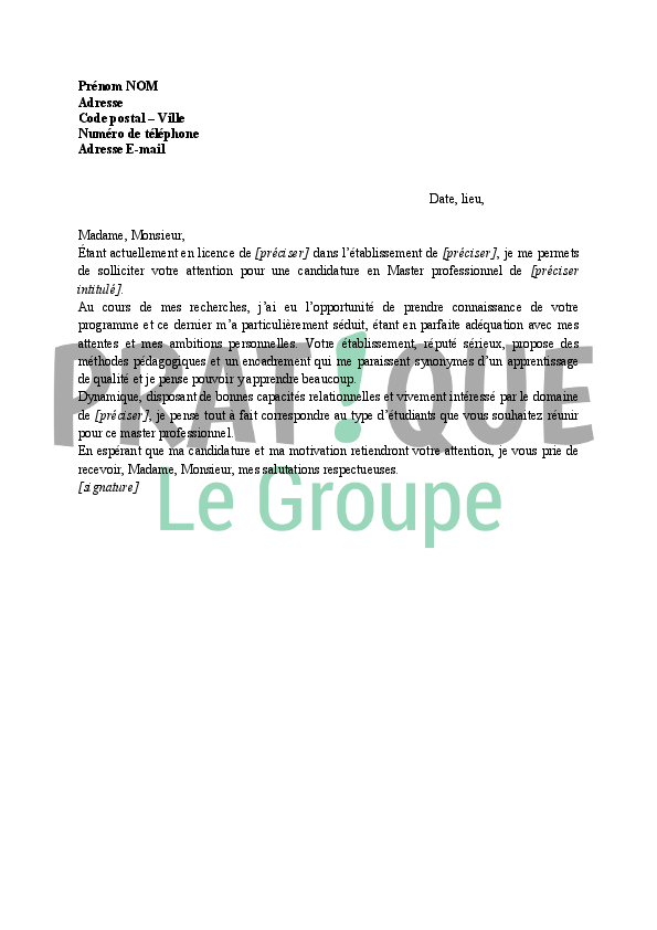 Lettre de motivation pour Master Pro  Pratique.fr