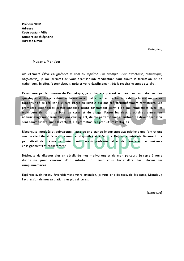 Lettre de motivation pour un BP esthétique  Pratique.fr