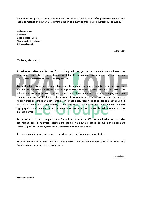 Lettre de motivation pour un BTS communication et industries graphiques