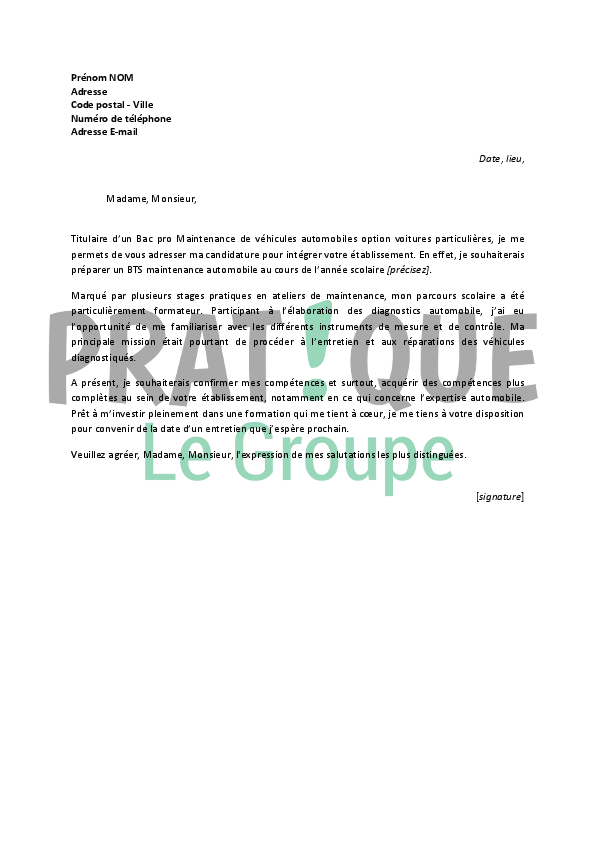 Lettre de motivation pour un BTS maintenance automobile | Pratique.fr