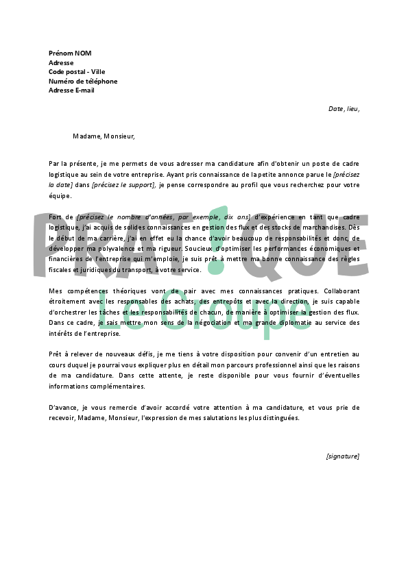 Lettre de motivation pour un emploi de cadre logistique 