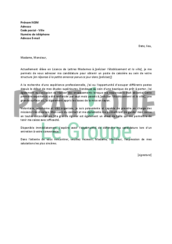 Modele lettre de motivation pour etre caissiere Modele lettre de motivation pour etre caissiere