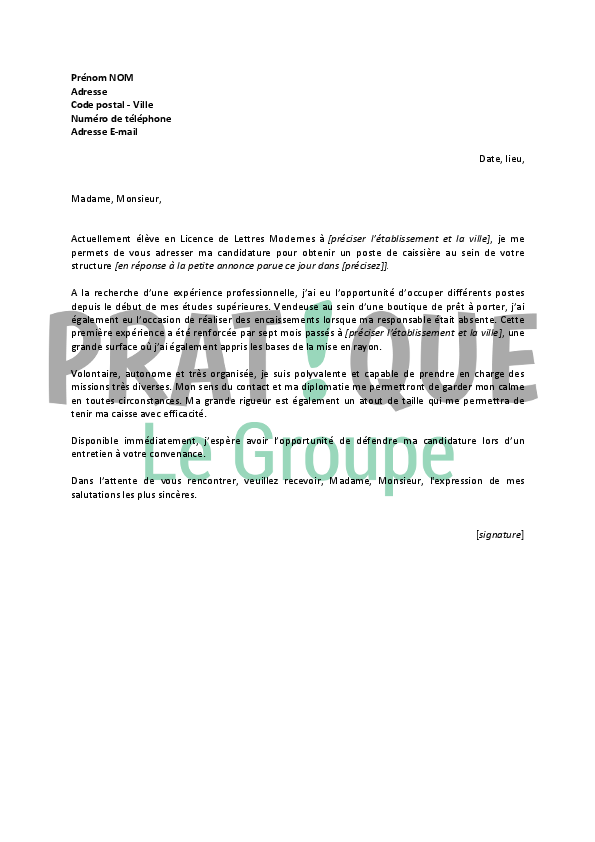 Lettre De Motivation Pour Un Emploi De Caissiere Job Etudiant Pratique Fr