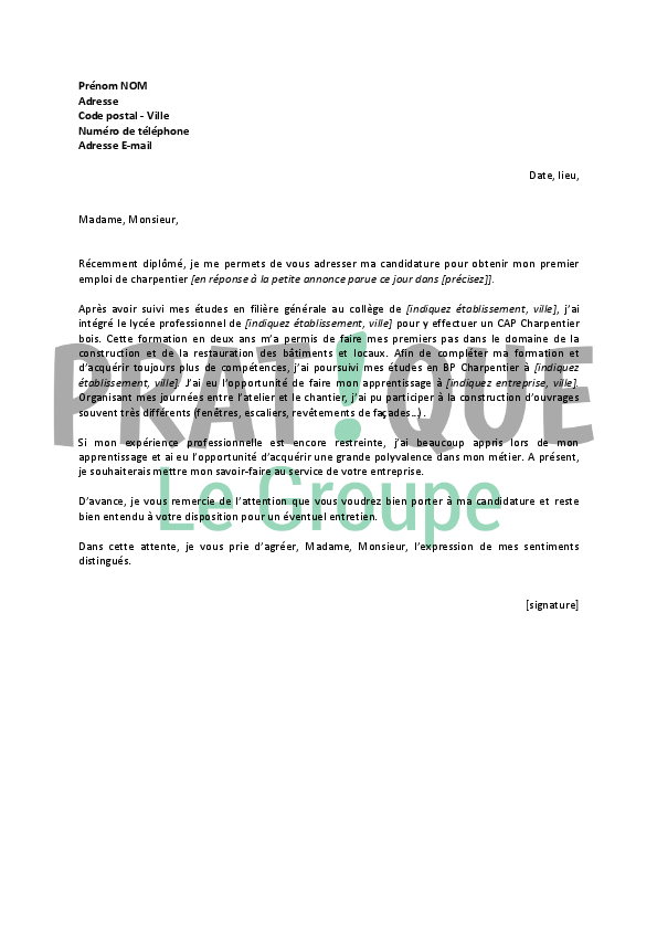 Lettre de motivation pour un emploi de charpentier débutant | Pratique.fr