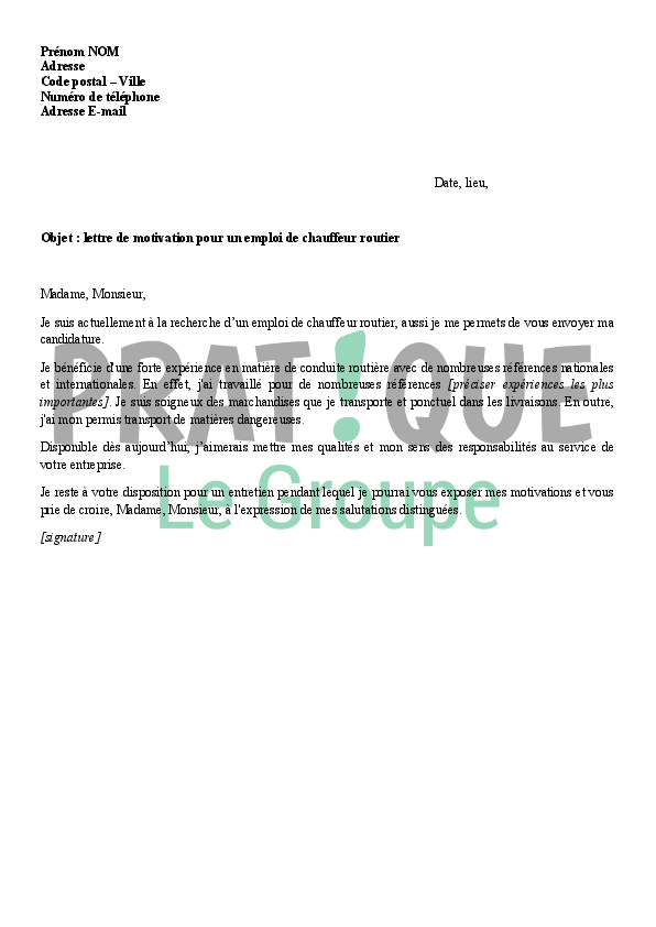 Exemple lettre de motivation transport routier