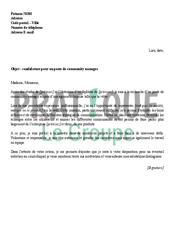 Lettre de motivation pour un emploi de community manager  Pratique.fr
