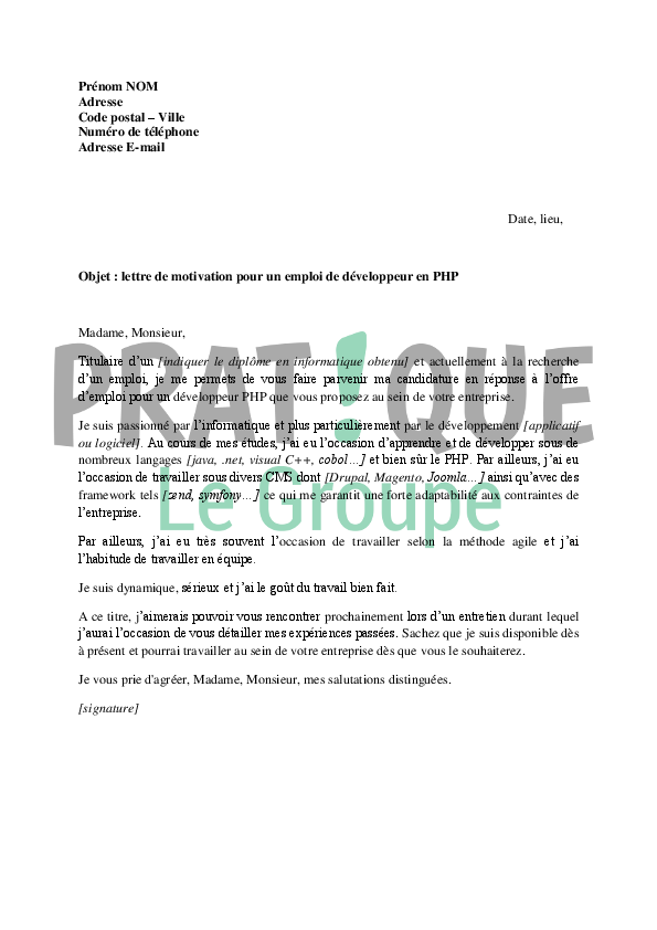 Lettre de motivation pour un emploi de développeur PHP  Pratique.fr