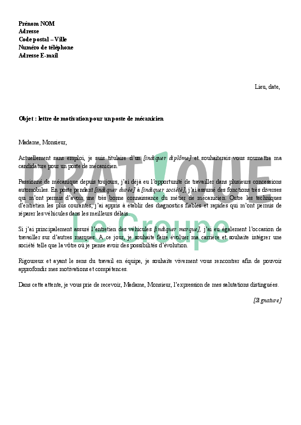 Lettre de motivation pour un emploi de mécanicien | Pratique.fr