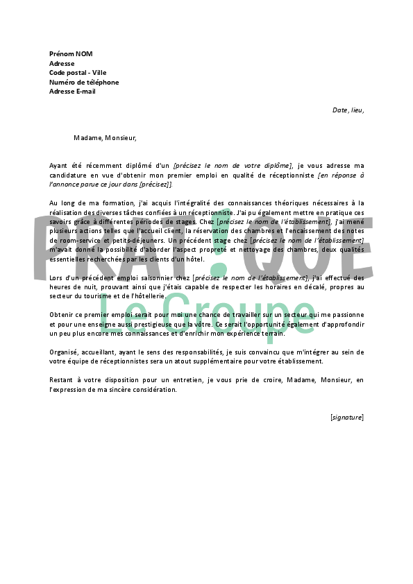 Lettre De Motivation Pour Un Emploi De Receptionniste Debutant Pratique Fr