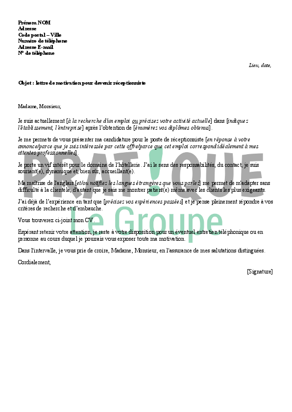 Lettre de motivation pour un emploi de réceptionniste Lettre de motivation pour un emploi de réceptionniste