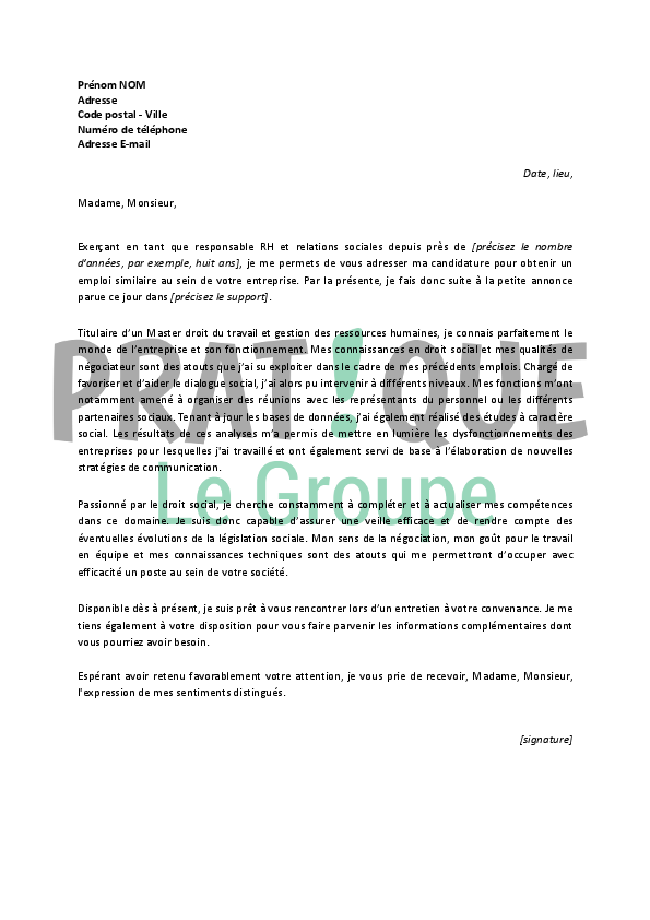 Lettre de motivation pour un emploi de responsable RH et relations