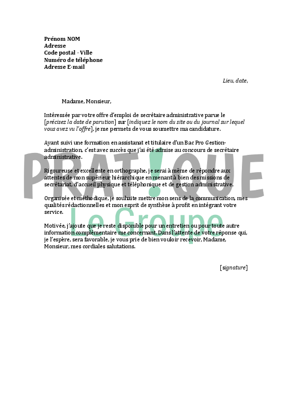 Lettre de motivation pour un emploi de secrétaire 