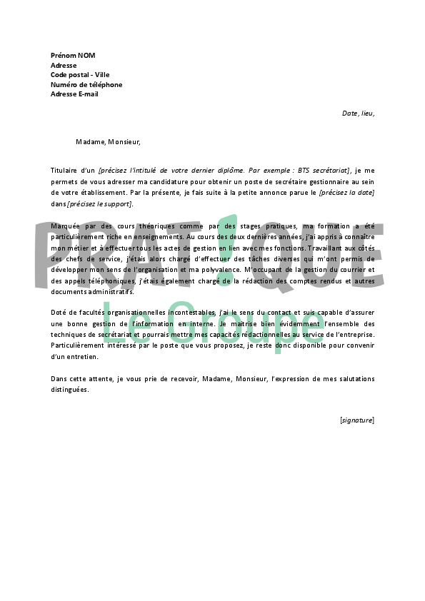 lettre de motivation pour  emploi de secretaire gestionnaire debutant