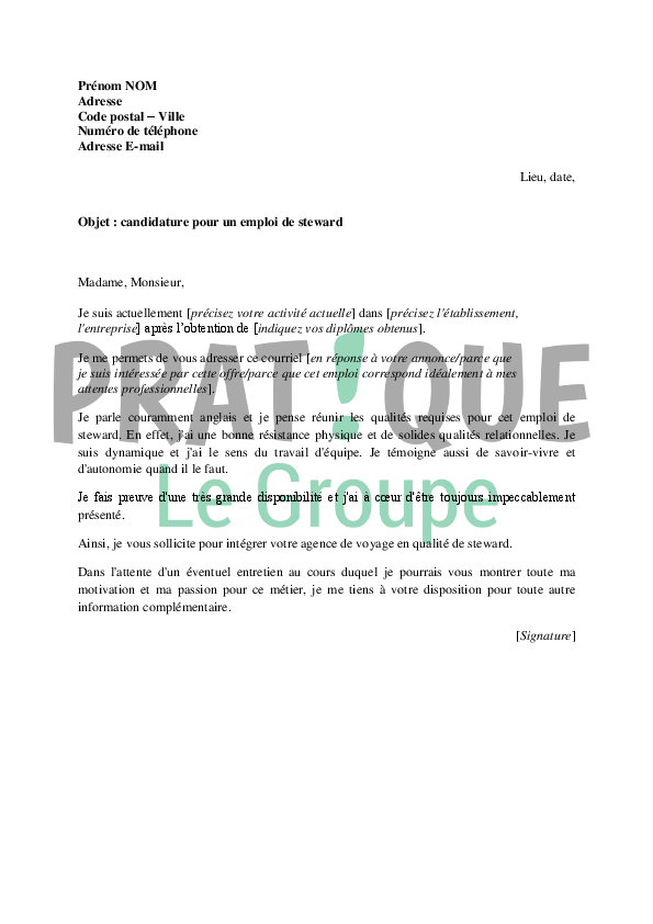 Lettre de motivation pour un emploi de steward  Pratique.fr