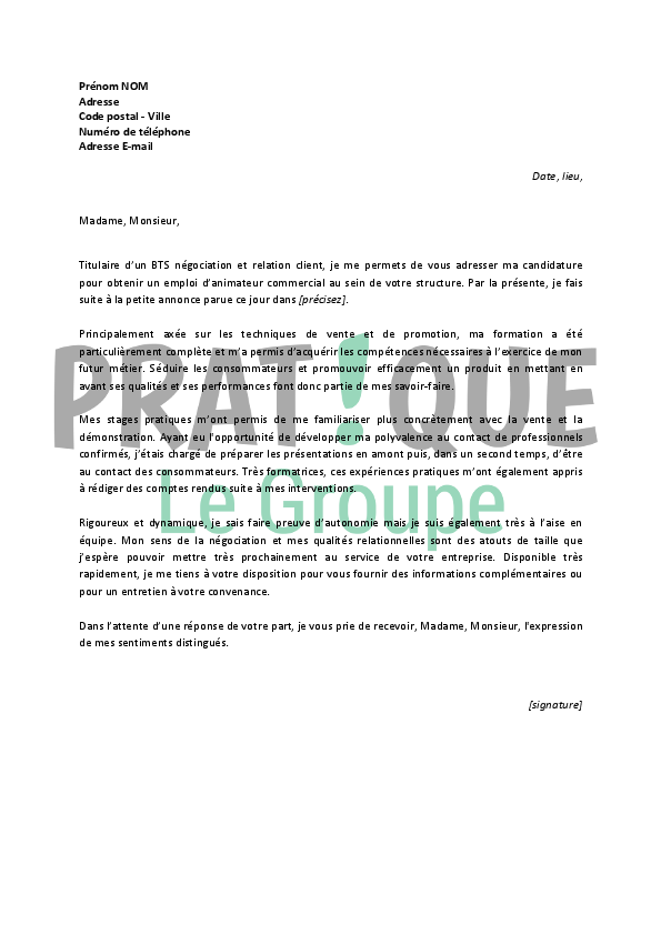 Lettre de motivation pour un emploi d'animateur commercial 